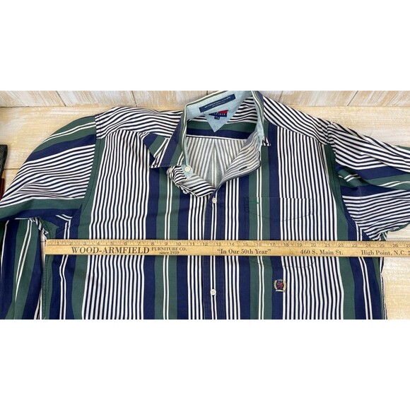 Vintage 90s Tommy Hilfiger Blue & Green Striped Mens Medium Shirt Button - Picture 6 of 9